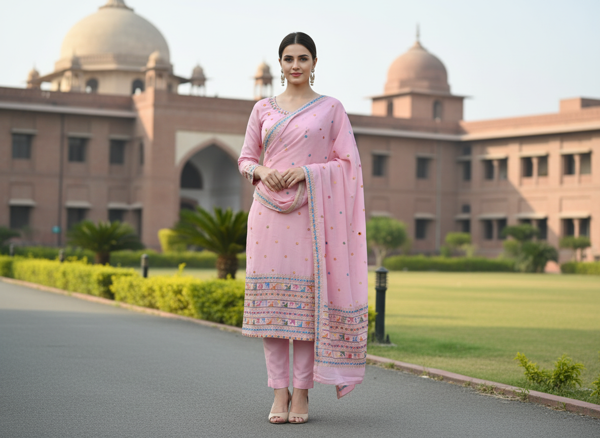 Handmade Phulkari Suit - Baby Pink Color