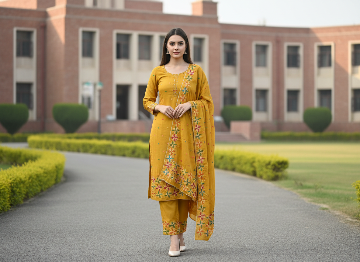 Handmade Phulkari Suit - Mustard Color