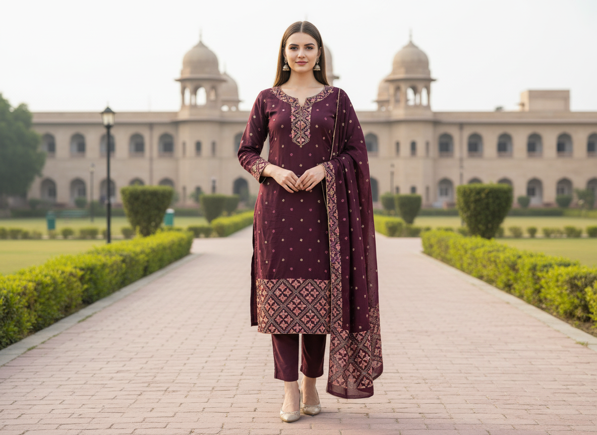 Handmade Phulkari Suit - Wine Color
