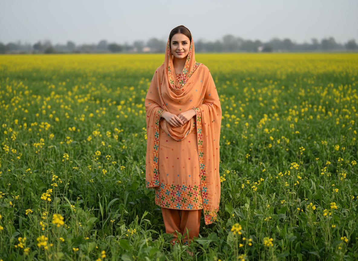 Handmade Phulkari Suit - Brown Color