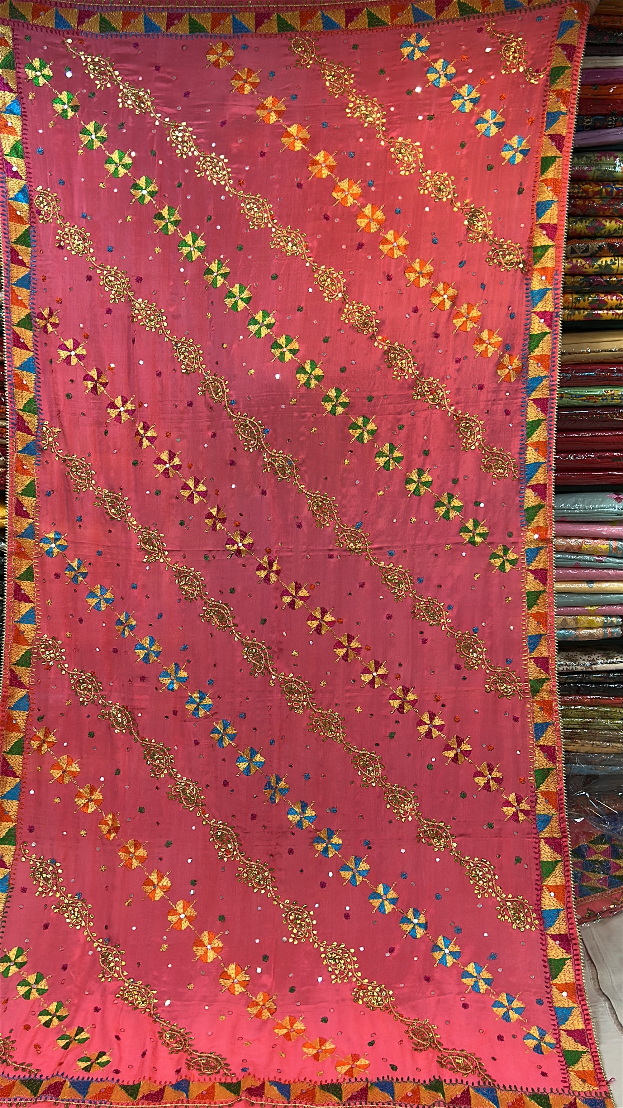 Phulkari Handmade Pure Chinon Gotta Patti Dupatta-Peach