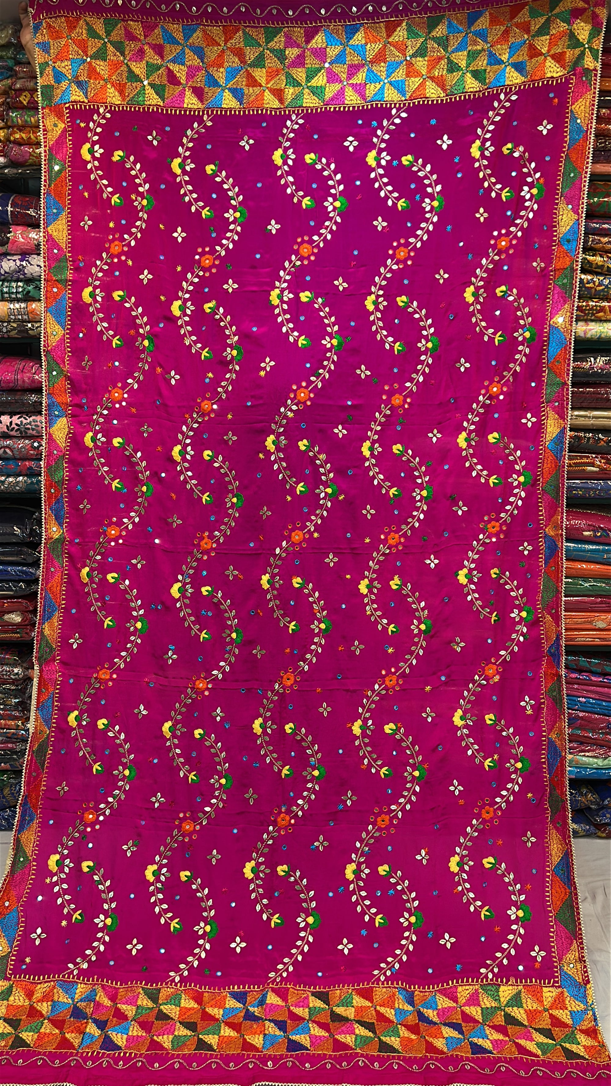 Phulkari Handmade Pure Chinon Gotta Patti Dupatta-Magenta