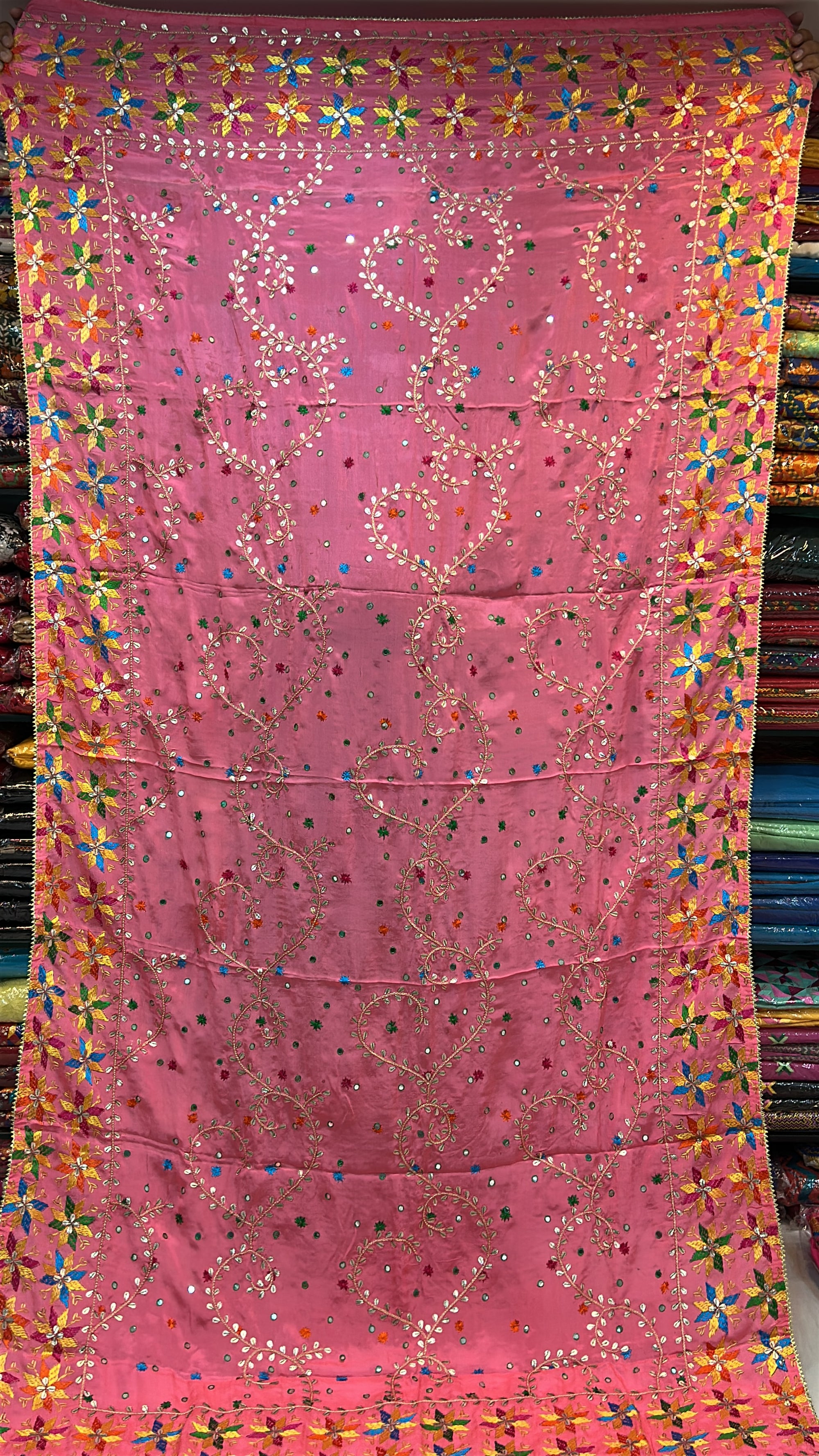 Phulkari Handmade Pure Chinon Gotta Patti Dupatta-Peach