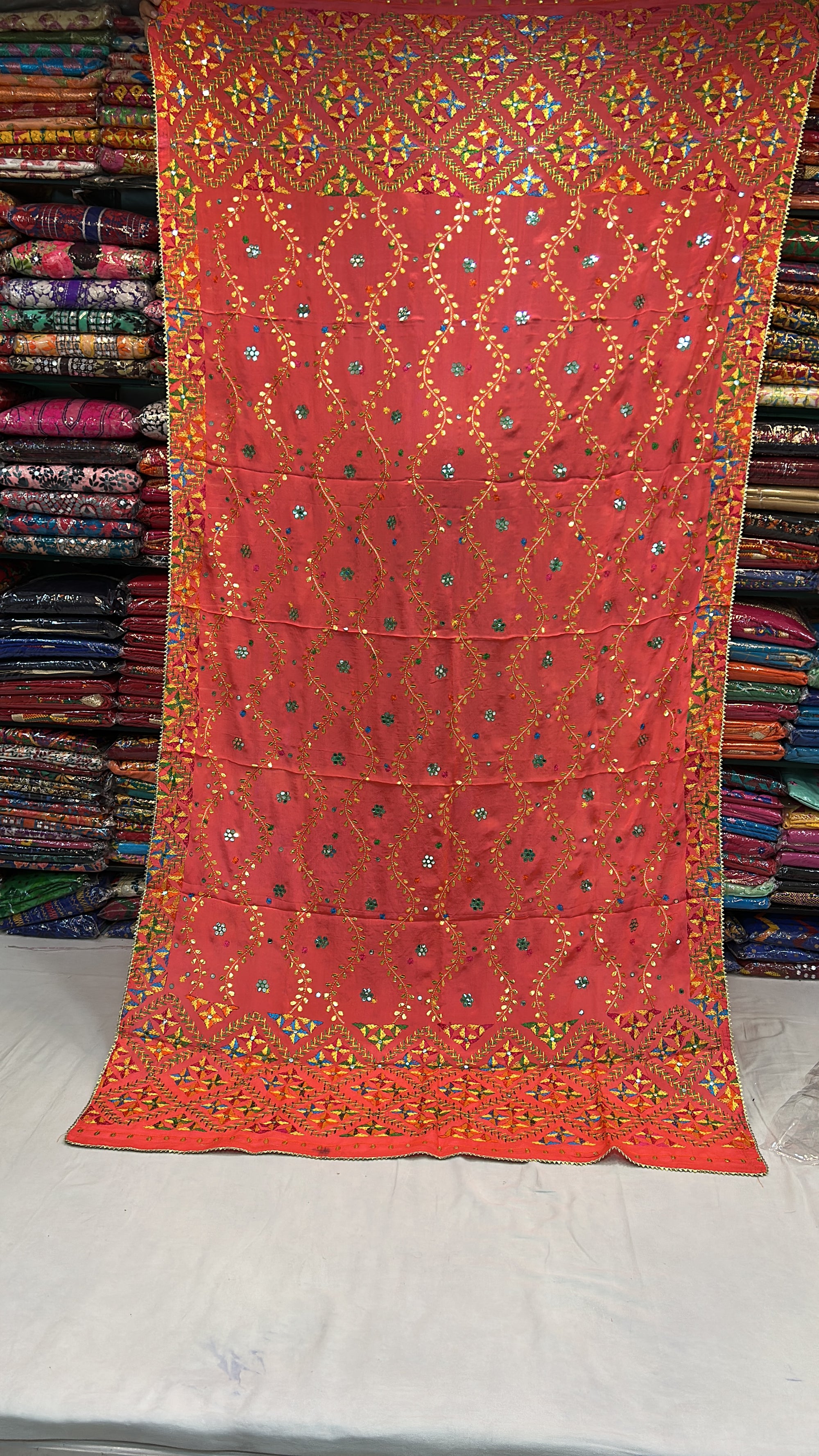 Phulkari Handmade Pure Chinon Gotta Patti Dupatta-Orange
