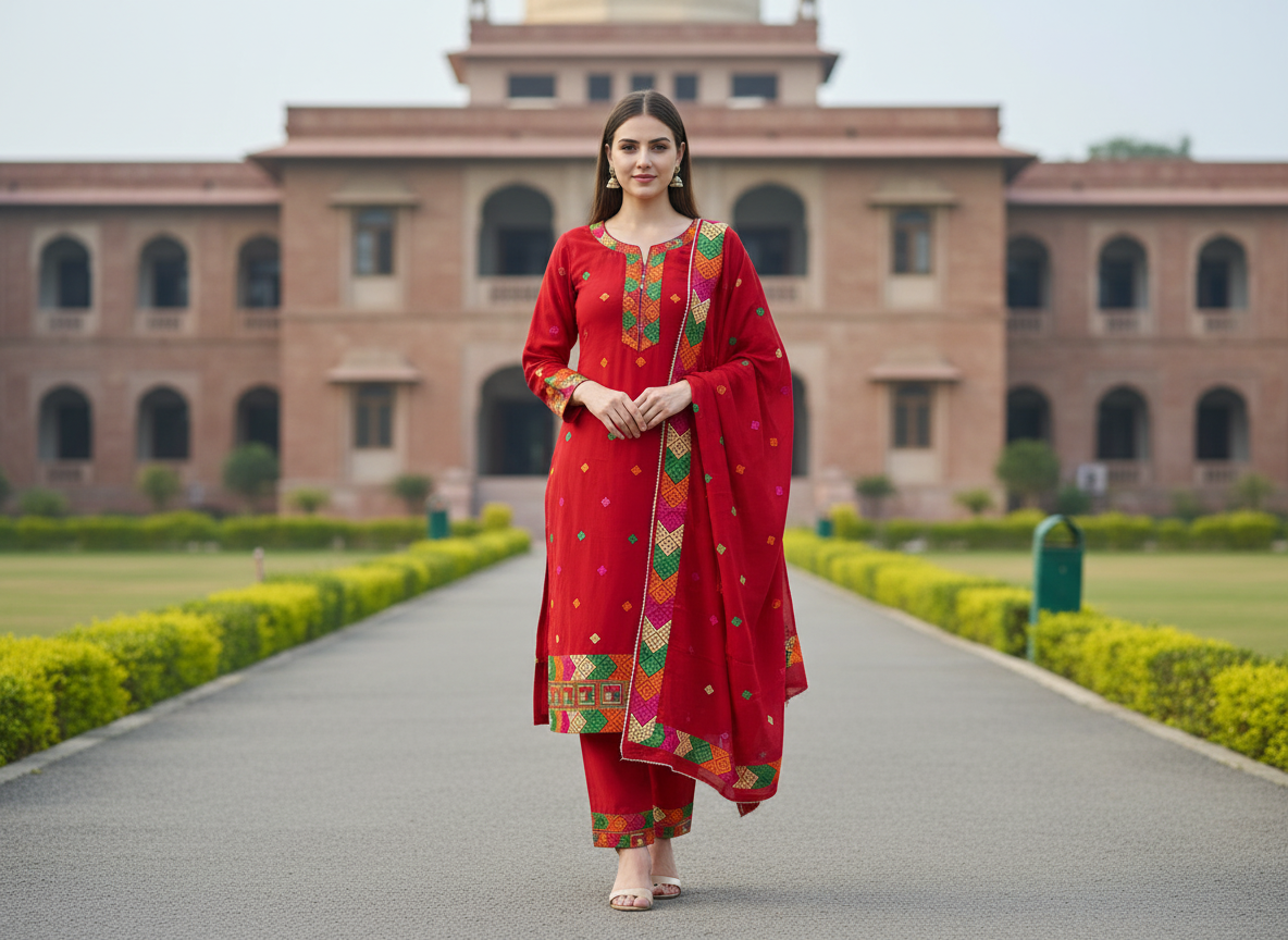 Handmade Phulkari Suit - Red Color