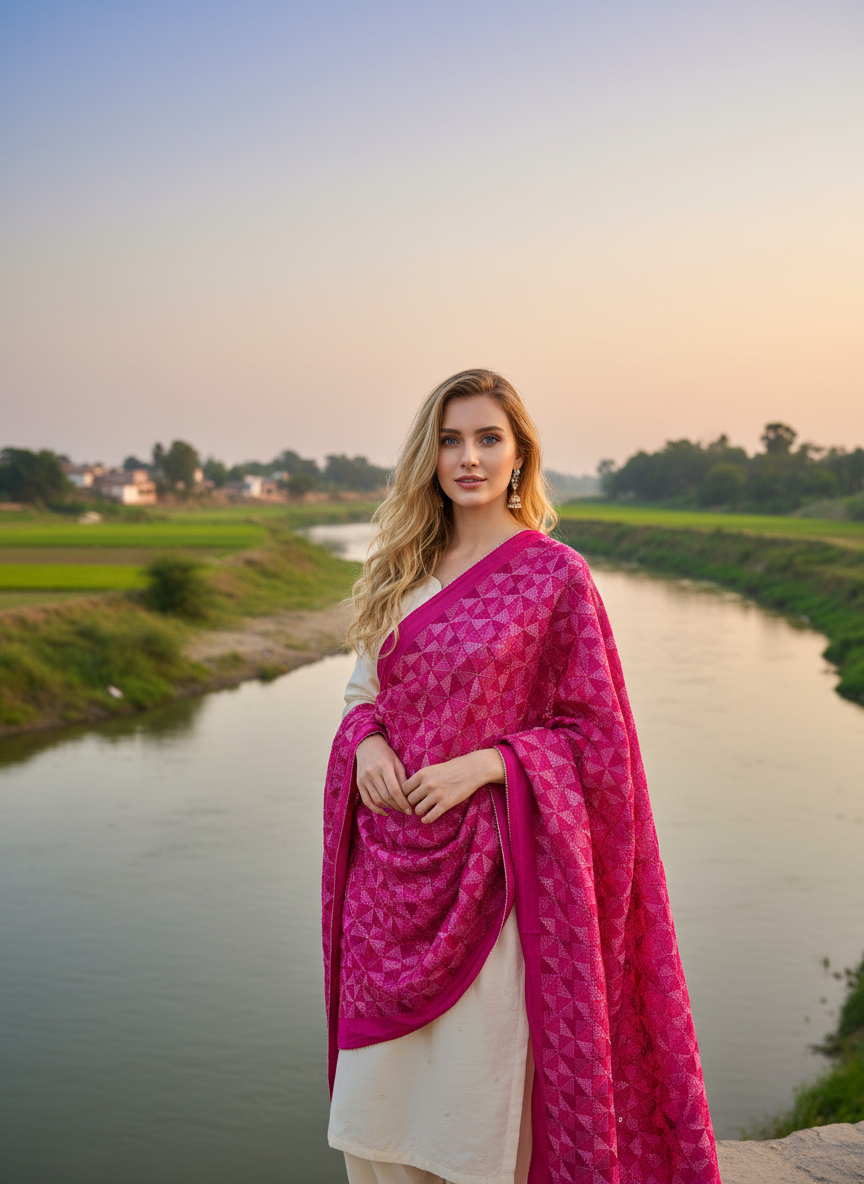 Phulkari Handwork Pure Chinon Dupatta Pink