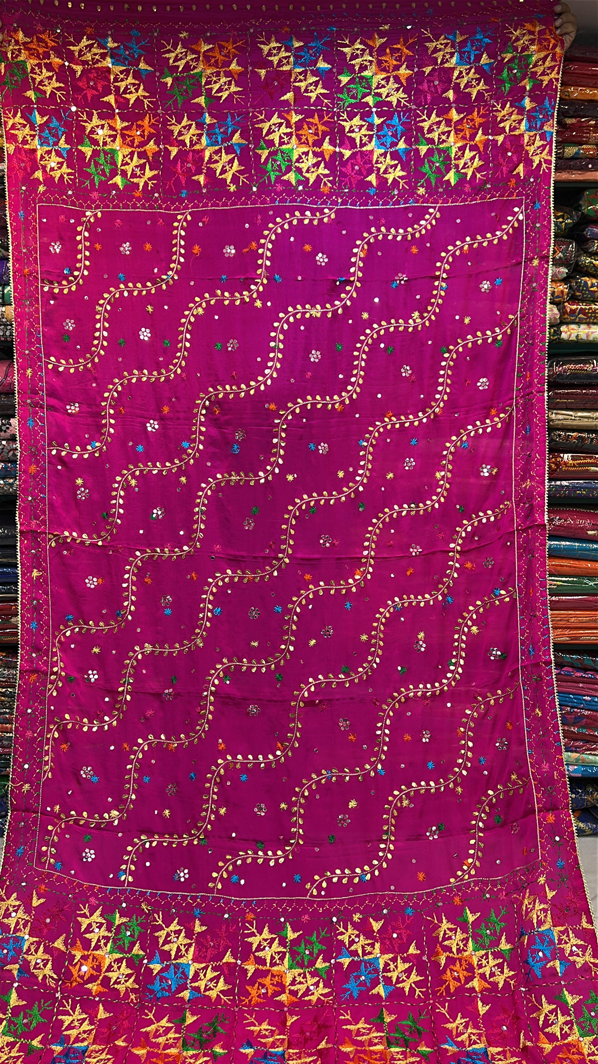 Phulkari Handmade Pure Chinon Gotta Patti Dupatta-Magenta