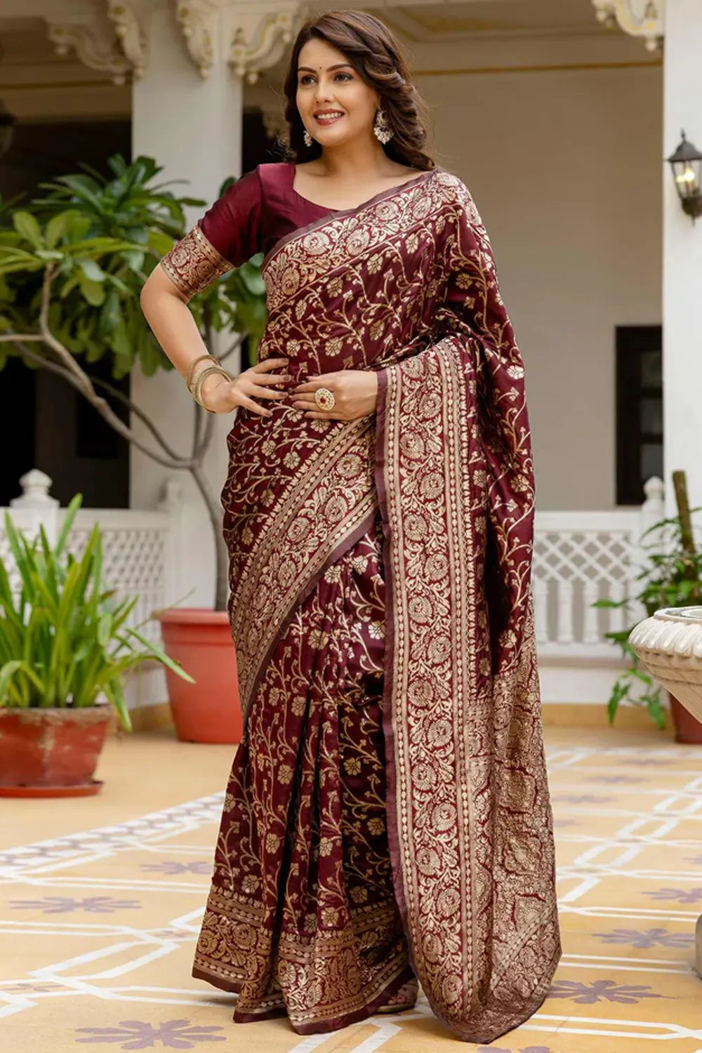 Maroon Silk Woven Banarasi Saree