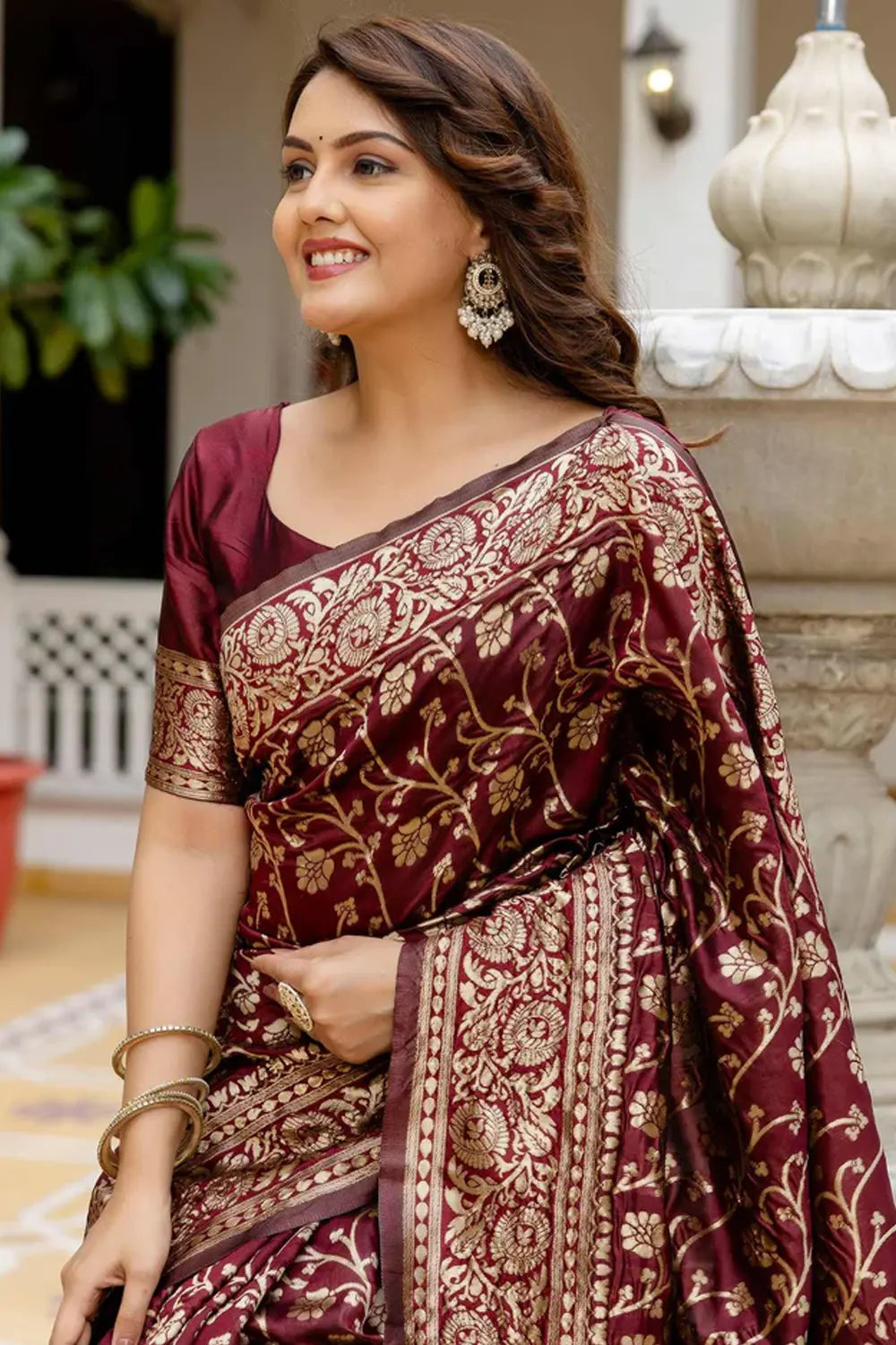 Maroon Silk Woven Banarasi Saree