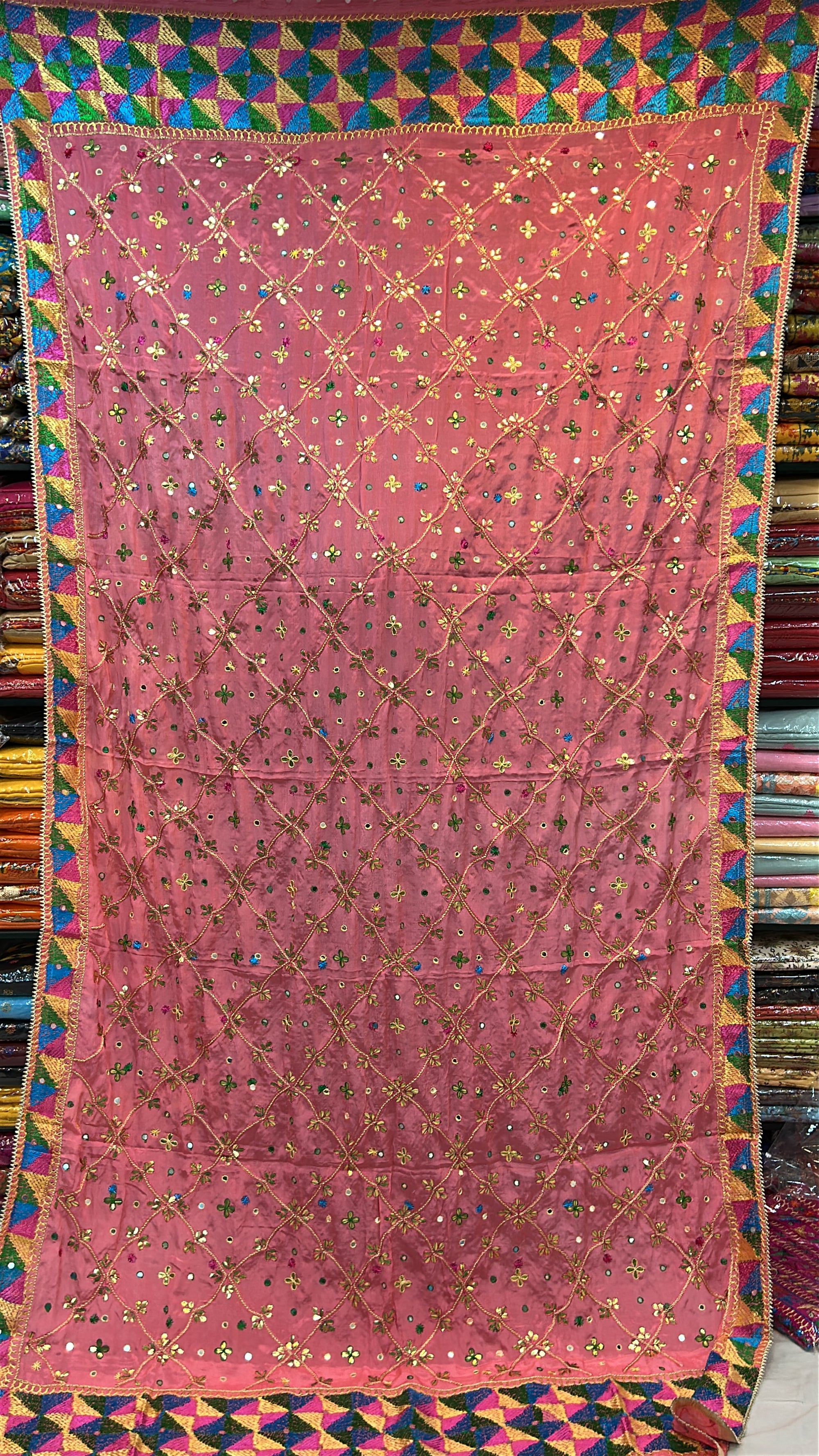 Phulkari Handmade Pure Chinon Gotta Patti Dupatta- Peach