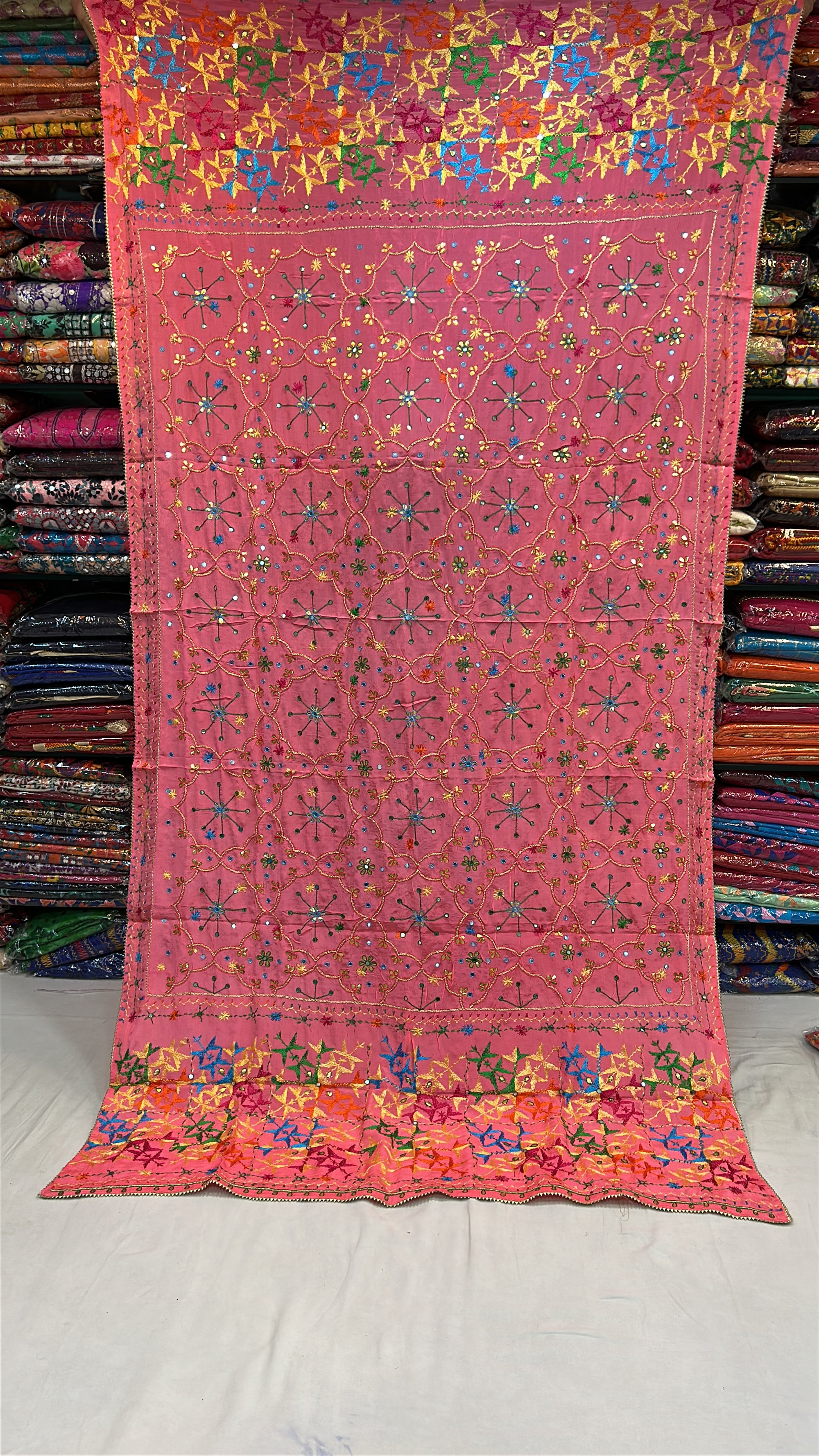 Phulkari Handmade Pure Chinon Gotta Patti Dupatta- Peach