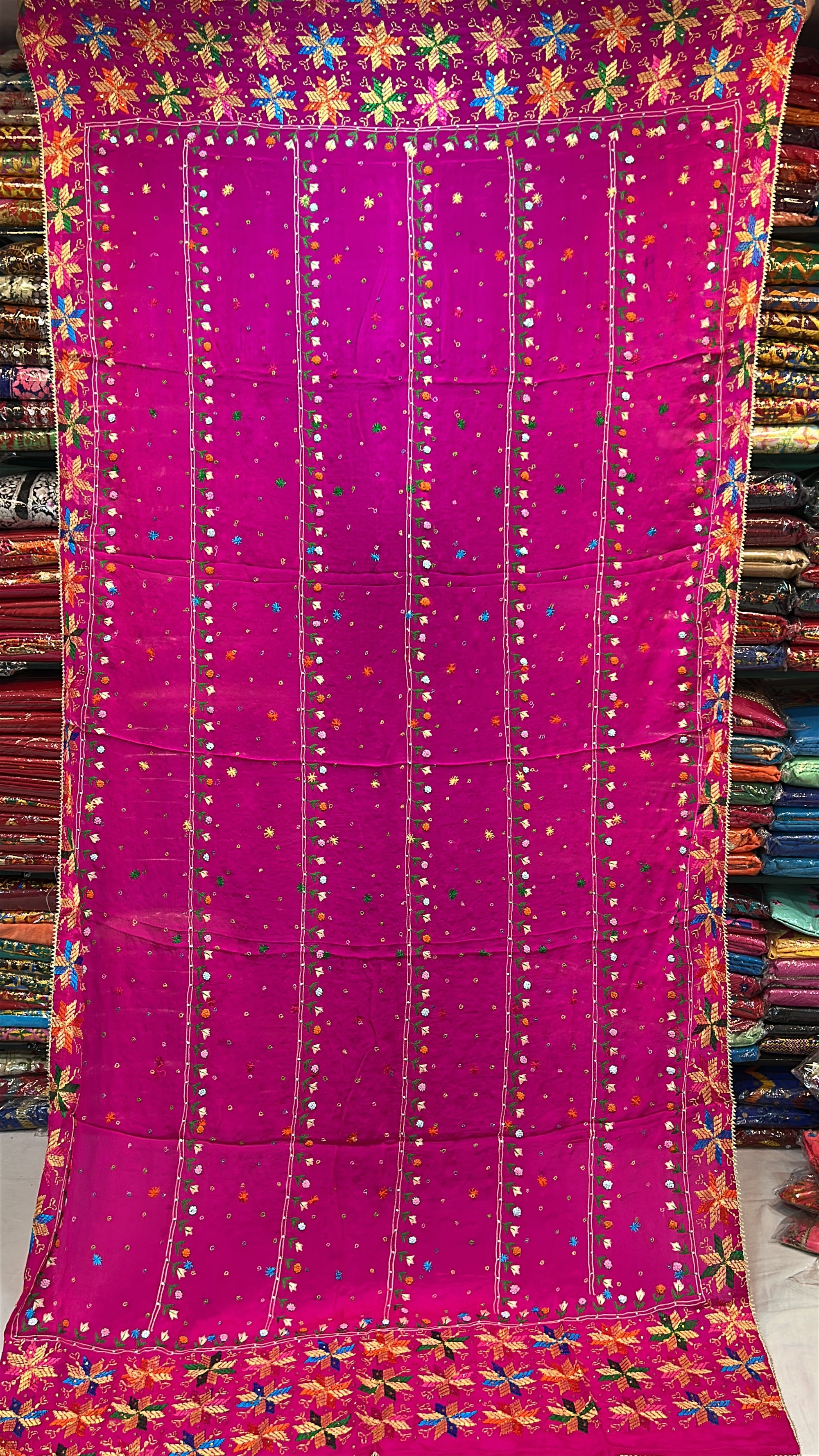 Phulkari Handmade Pure Chinon Gotta Patti Dupatta-Magenta