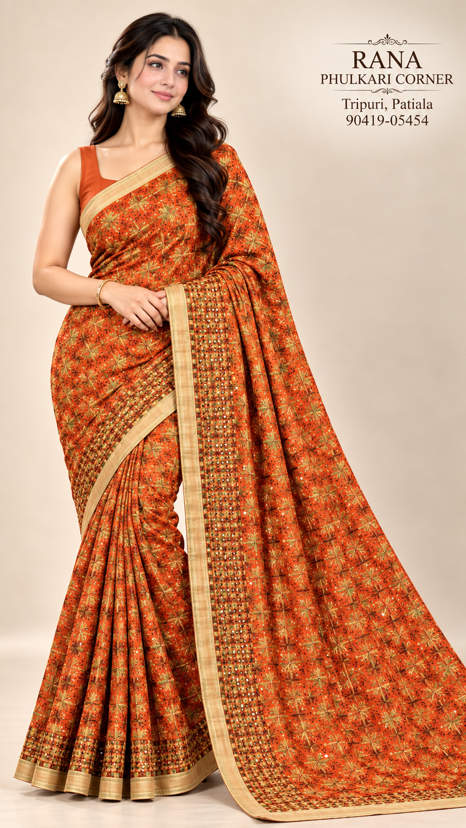 Phulkari Kanchan Jaal Saree Orange color