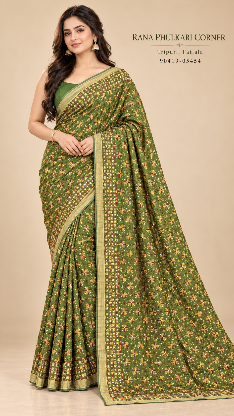 Phulkari Kanchan Jaal Saree Green Color