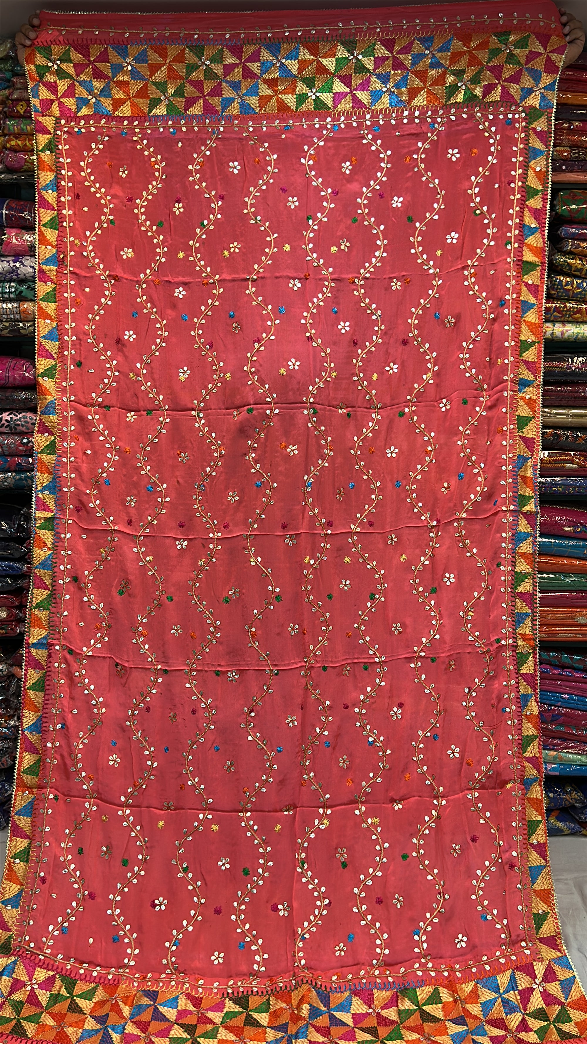 Phulkari Handmade Pure Chinon Gotta Patti Dupatta- Orange
