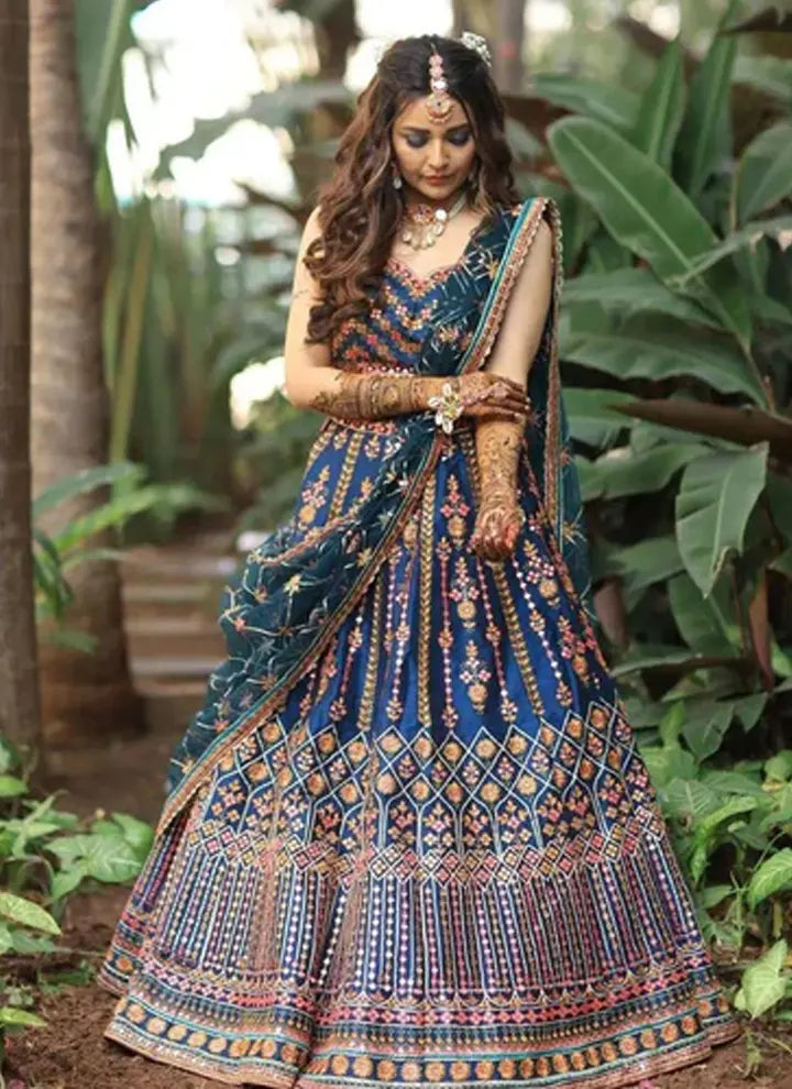 Blue Chinon Silk Designer Lehenga Choli