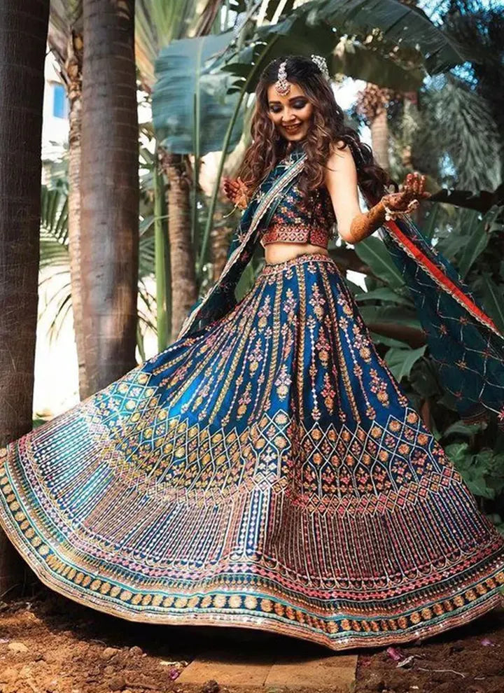 Blue Chinon Silk Designer Lehenga Choli