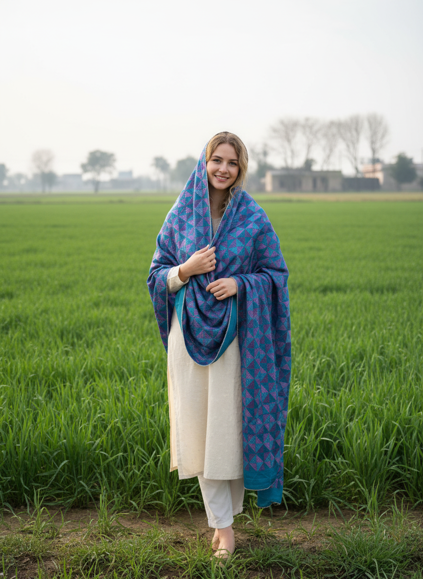Phulkari Handwork Pure Chinon Dupatta Blue