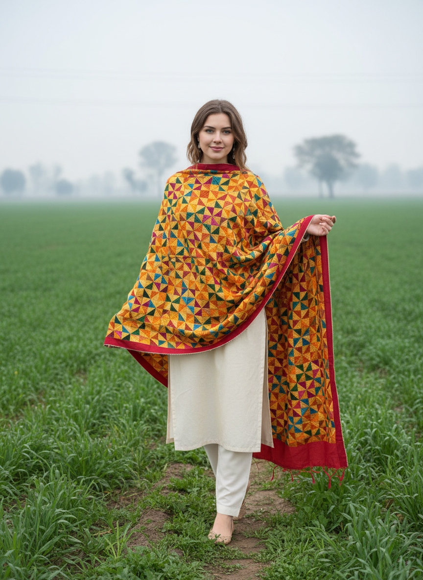 Phulkari Handwork Pure Chinon Dupatta Yellow Pattern