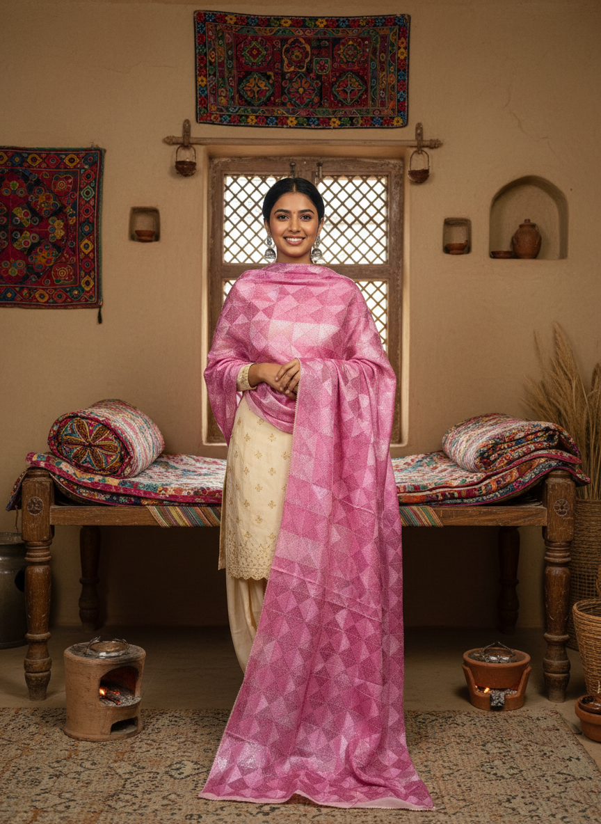Phulkari Handwork Pure Chinon Dupatta Pink