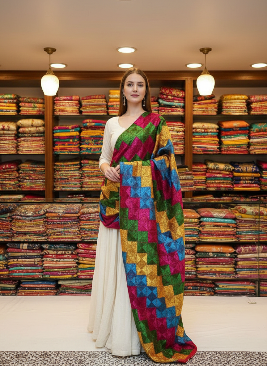 Phulkari Handwork Pure Chinon Dupatta