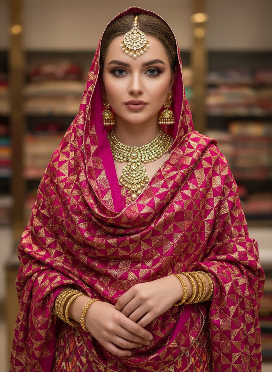 Phulkari Handwork Pure Chinon Dupatta Pink Gold