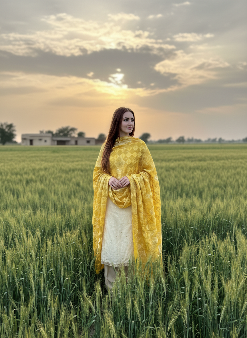 Phulkari Handwork Pure Chinon Dupatta Light Yellow