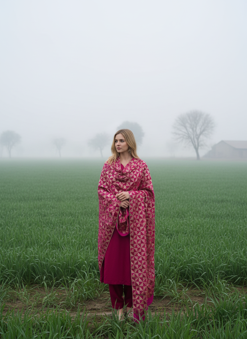 Phulkari Handwork Pure Chinon Dupatta Pink Gold