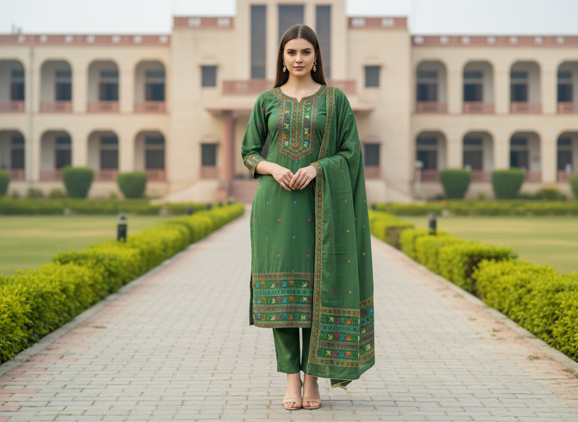 Handmade Phulkari Suit - Green Color
