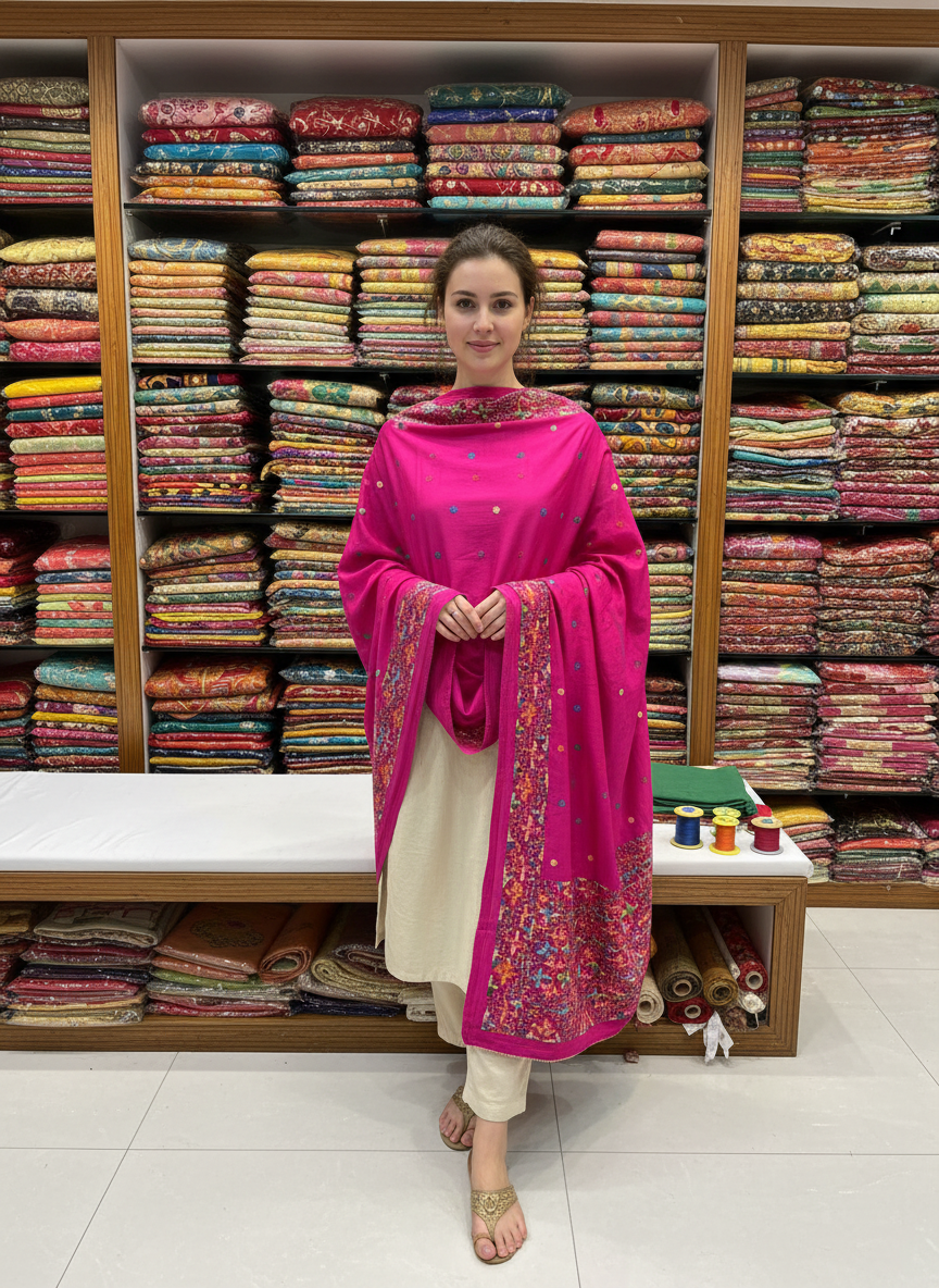 Phulkari Handmade Pure Chinon Border Dupatta Magenta