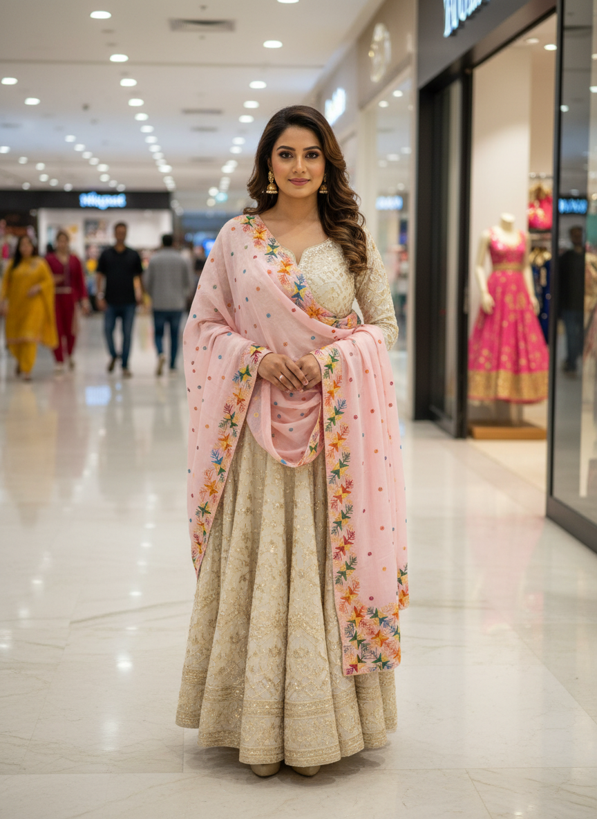 Phulkari Handmade Pure Chinon Border Dupatta Baby Pink  Kanchan