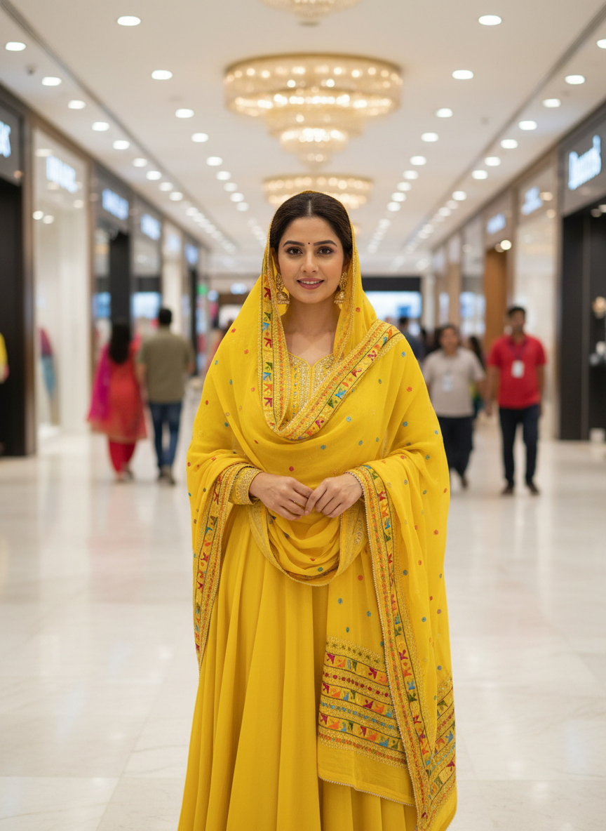 Phulkari Handmade Pure Chinon Border Dupatta Yellow Kanchan