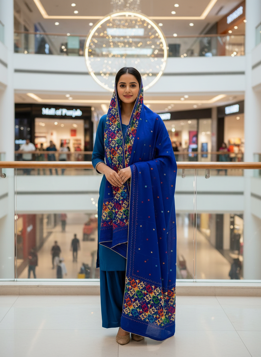 Phulkari Handmade Pure Chinon Border Dupatta Royal Blue