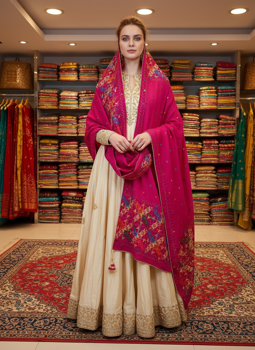 Phulkari Handmade Pure Chinon Border Dupatta Magenta