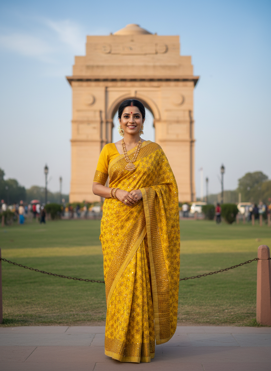 Phulkari Kanchan Jaal Saree Yellow