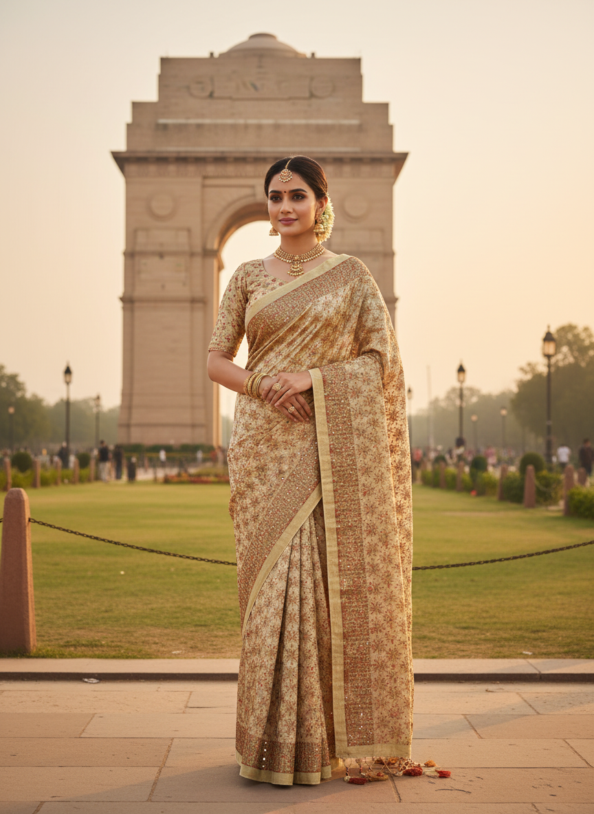 Phulkari Kanchan Jaal Saree Golden