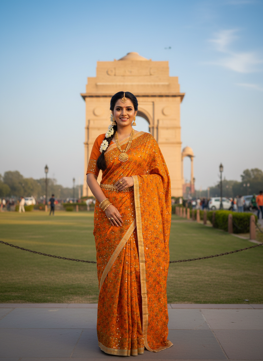 Phulkari Kanchan Jaal Saree Orange