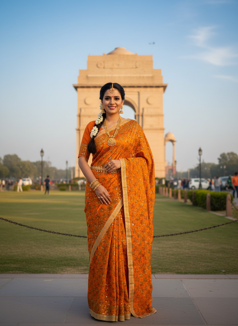 Phulkari Kanchan Jaal Saree Orange – Rana Phulkari Corner