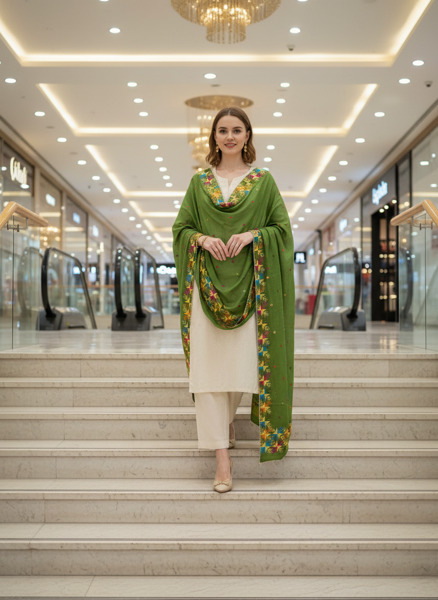 Phulkari Handmade Pure Chinon Border Dupatta Green