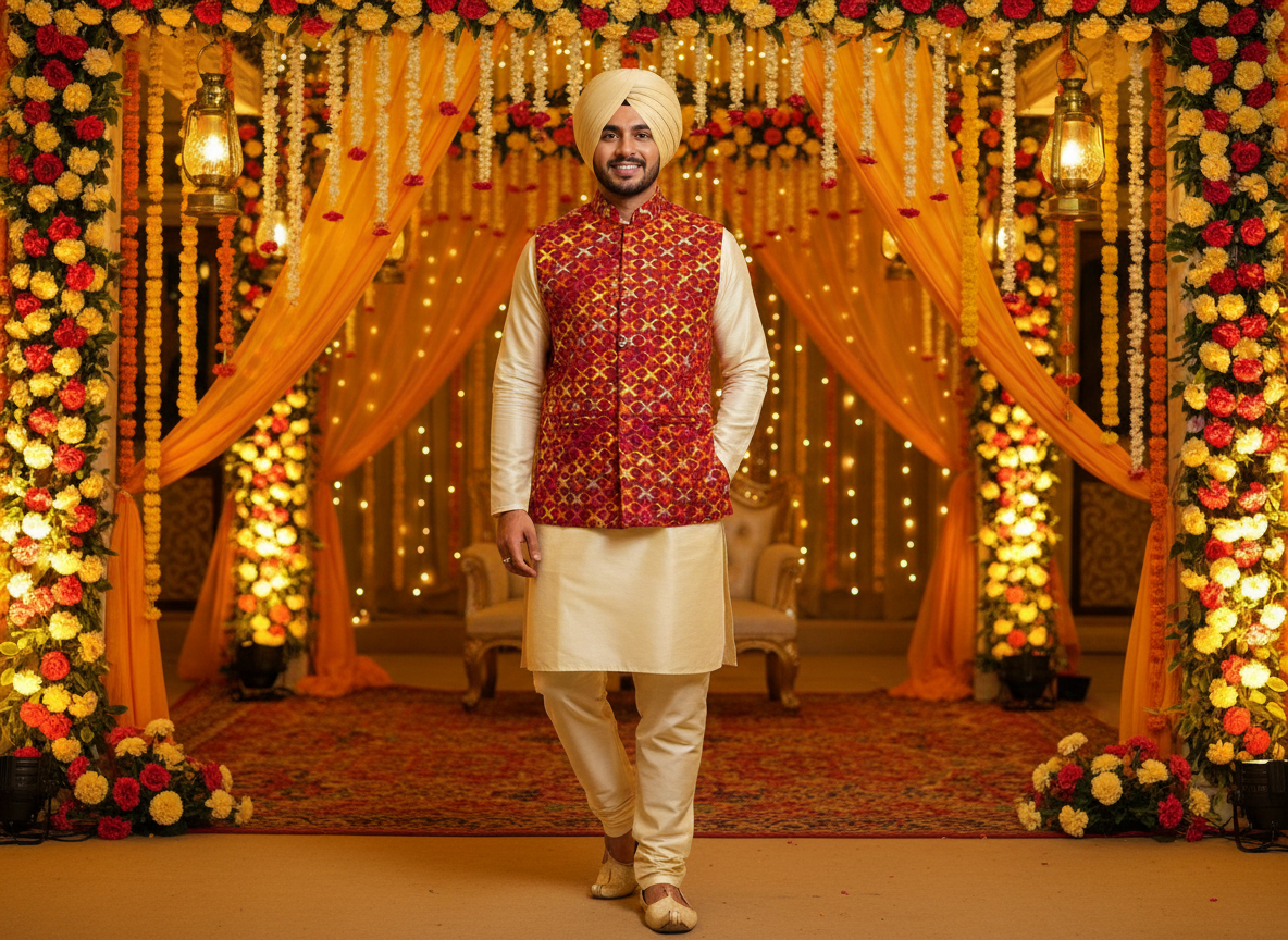 Phulkari Men's Waist Coat- Khaddar Red color