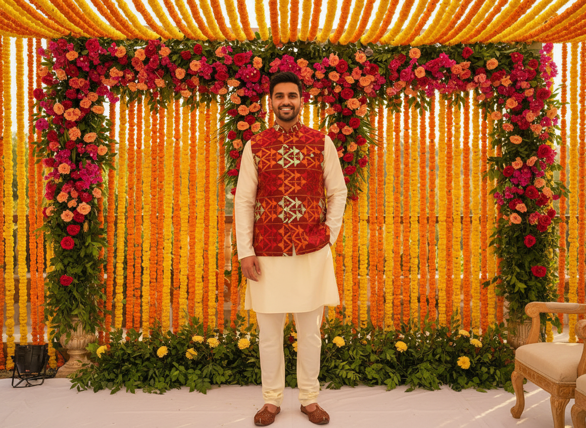 Phulkari Men's Waist Coat- Khaddar Red color traditional design