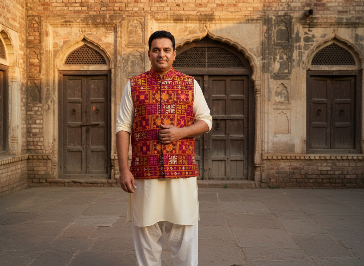 Phulkari Men's Waist Coat- Khaddar Red