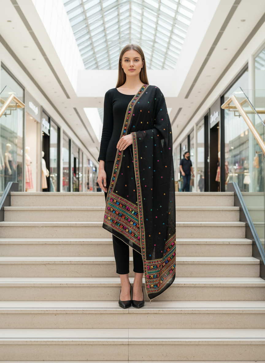 Phulkari Handmade Pure Chinon Border Dupatta Black