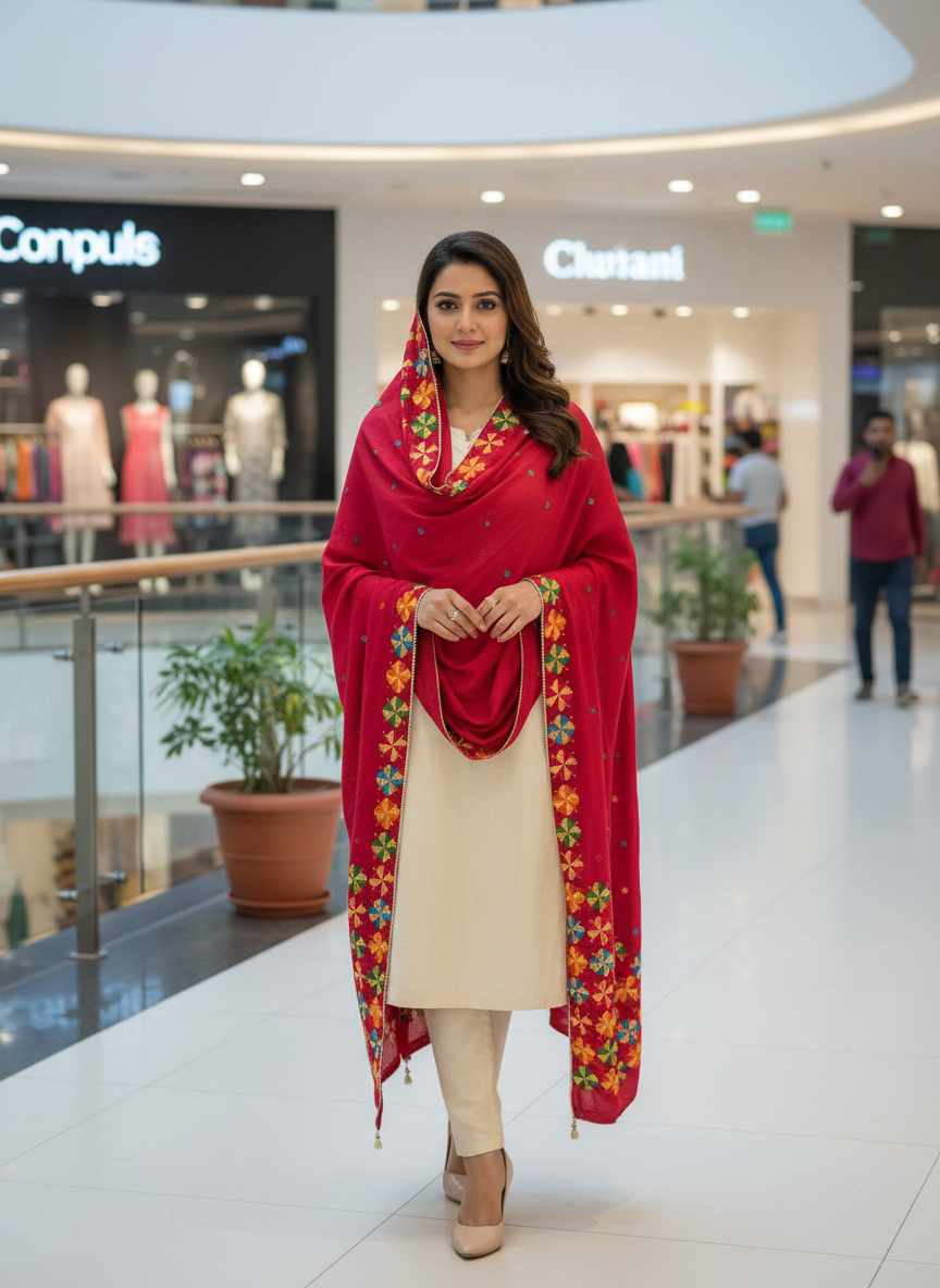 Phulkari Handmade Pure Chinon Border Dupatta Peach Red Kanchan