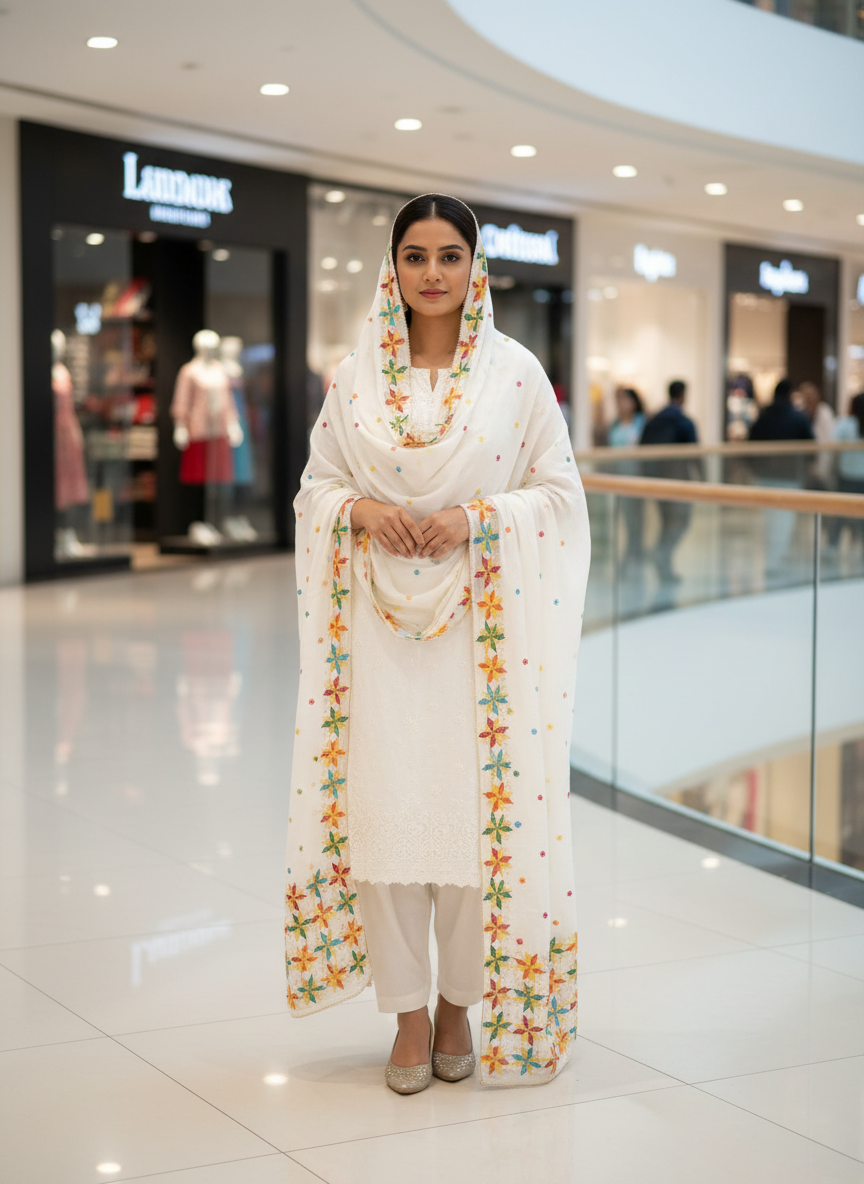 Phulkari Handmade Pure Chinon Border Dupatta White Kanchan