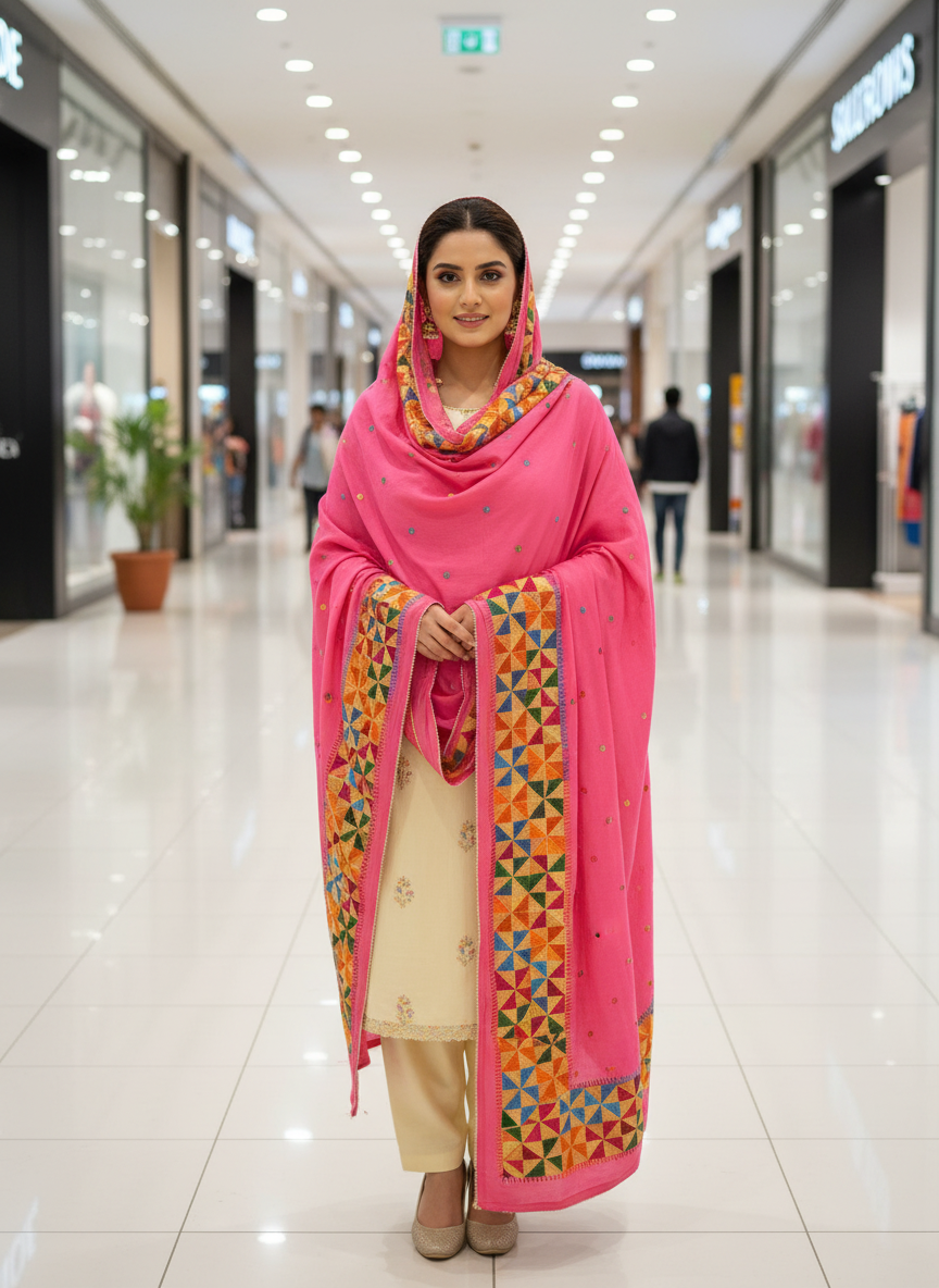 Phulkari Handmade Pure Chinon Border Dupatta Peach  Color